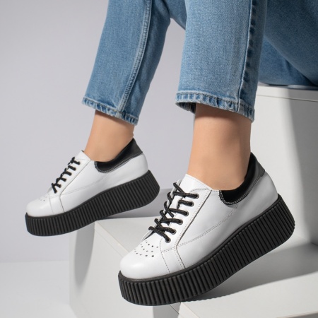 Pantofi casual dama albi cu talpa groasa din Piele naturala MOD12740, 2, modlet.ro