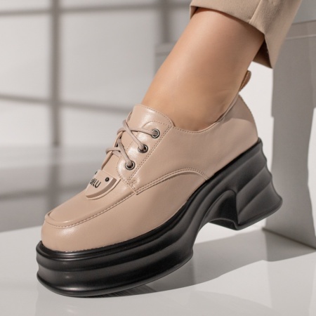 Pantofi casual dama bej cu siret si platforma MOD11832, 2, modlet.ro