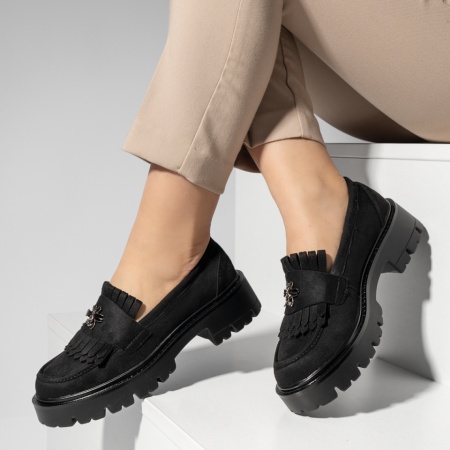 Pantofi casual dama cu accesoriu decorativ negri suede ANA80, 2, modlet.ro