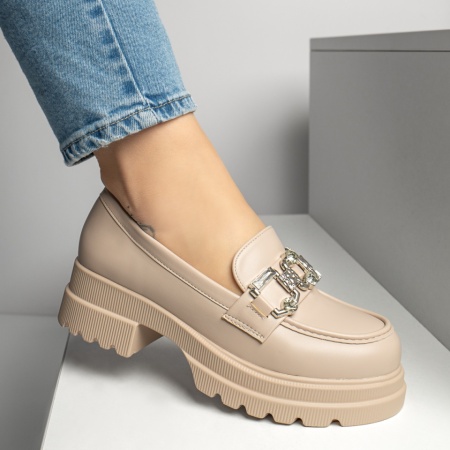 Pantofi dama, Pantofi casual dama cu accesoriu metalic bej MOD13249, modlet.ro