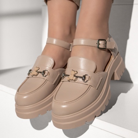 Pantofi casual dama, Pantofi casual dama cu bareta si accesoriu decorativ bej MOD13015, modlet.ro