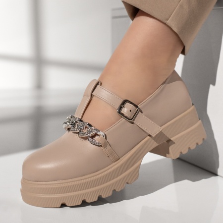 Pantofi casual cu platforma, Pantofi casual dama cu bareta si strasuri bej MOD13094, modlet.ro