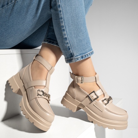 Pantofi casual dama cu bareta si talpa groasa bej MOD13250, 3, modlet.ro