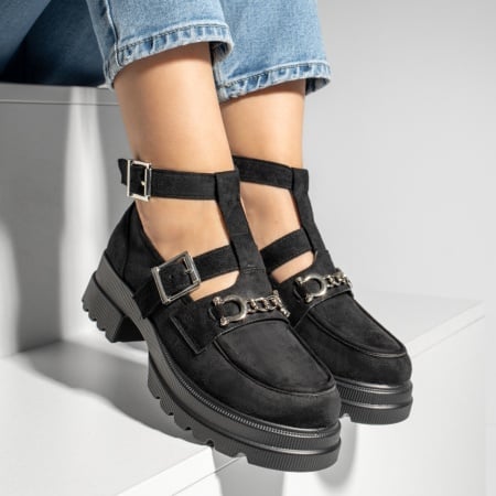 Incaltaminte dama, Pantofi casual dama cu bareta si tapla groasa negru suede ZEF13250, zeforia.ro