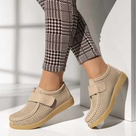 Pantofi casual dama cu perforatii bej din Piele naturala DORA1, 2, modlet.ro
