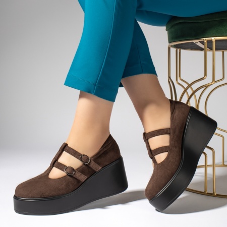 Pantofi dama, Pantofi casual dama cu platforma si barete maro suede MOD13447, modlet.ro