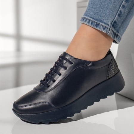 Pantofi casual cu platforma, Pantofi casual dama cu siret albastri din Piele naturala ZEF00430, zeforia.ro