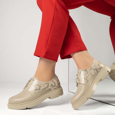 Pantofi casual dama, Pantofi casual dama cu siret bej cu print din Piele naturala MOD13415, modlet.ro