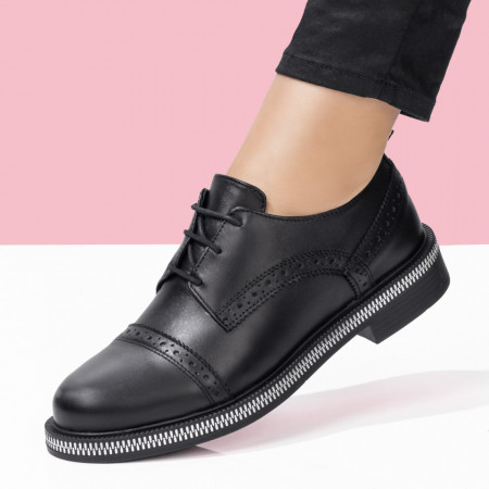 Pantofi casual dama, Pantofi casual dama cu siret din Piele naturala negri ZEF00320 - zeforia.ro