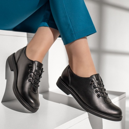 Pantofi casual dama cu siret elastic negri din Piele naturala MOD13135, 3, modlet.ro