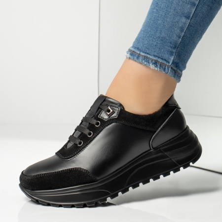 Pantofi casual cu platforma, Pantofi casual dama cu siret negri din Piele naturala MOD13414, modlet.ro