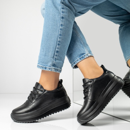 Pantofi casual cu platforma, Pantofi casual dama cu siret si talpa groasa negri din Piele naturala MOD14016, modlet.ro
