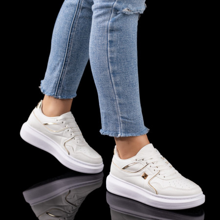 Pantofi casual dama cu talpa groasa albi cu auriu MOD09599, 3, modlet.ro