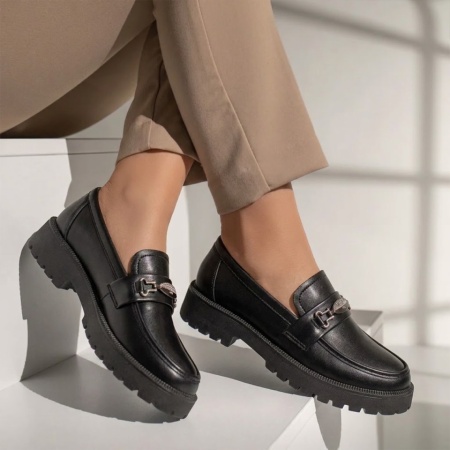 Pantofi casual dama cu talpa groasa si accesoriu decorativ negri LILI16, 3, modlet.ro