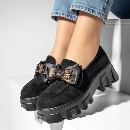 Pantofi casual dama cu talpa groasa si accesoriu decorativ negru suede ZEF13205, 2, zeforia.ro