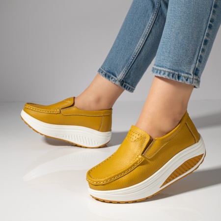 Pantofi casual dama, Pantofi casual dama galbeni cu talpa groasa din Piele natural MOD03867, modlet.ro