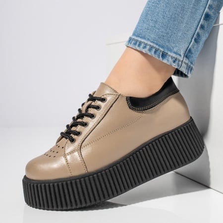 Pantofi casual dama khaki cu talpa groasa din Piele naturala ZEF12740, 2, zeforia.ro