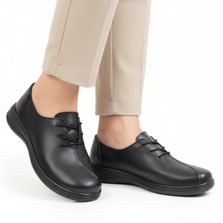 Pantofi casual din Piele naturala negri dama cu siret si talpa joasa MOD06739