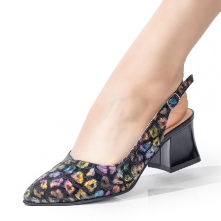 Pantofi cu toc dama negri cu imprimeu multicolor din Piele naturala MDL07639