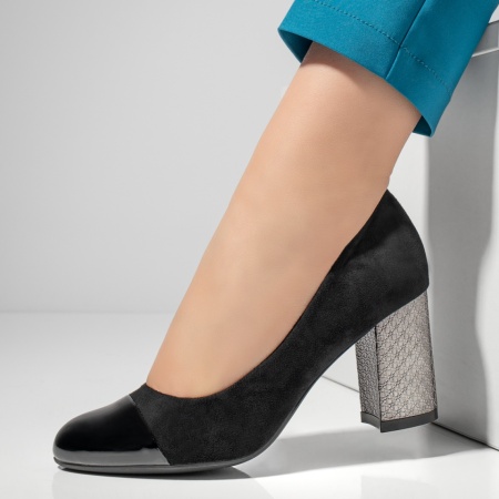 REDUCERI INCALTAMINTE, Pantofi cu toc dama negru suede si varf lacuit MOD05775, modlet.ro
