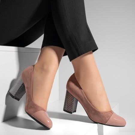 Pantofi cu toc dama nude suede si varf lacuit MOD05775, 3, modlet.ro