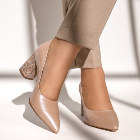 Pantofi cu toc dama si print bej sidefat din Piele naturala MOD12047, 2, modlet.ro