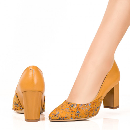 Pantofi cu toc, Pantofi cu toc galbeni cu imprimeu floral dama din Piele naturala ZEF07635 - zeforia.ro