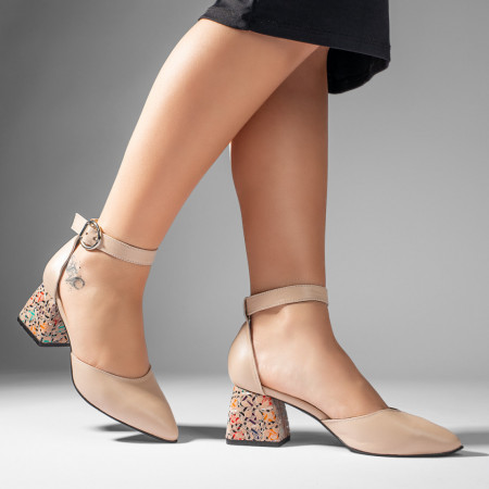Pantofi cu toc gros dama bej din Piele naturala MOD11066, 5, modlet.ro