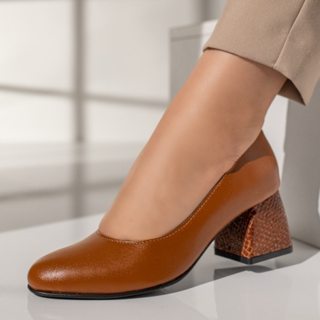Pantofi dama, Pantofi cu toc gros dama maro din Piele naturala MOD12048, modlet.ro