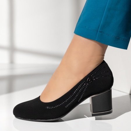 Pantofi cu toc gros dama negri suede MOD08344, 2, modlet.ro