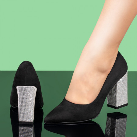 Pantofi dama, Pantofi cu toc gros dama negri suede MOD08378, modlet.ro