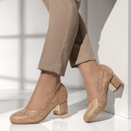 Pantofi cu toc gros dama si imprimeu bej ANA83, 2, modlet.ro