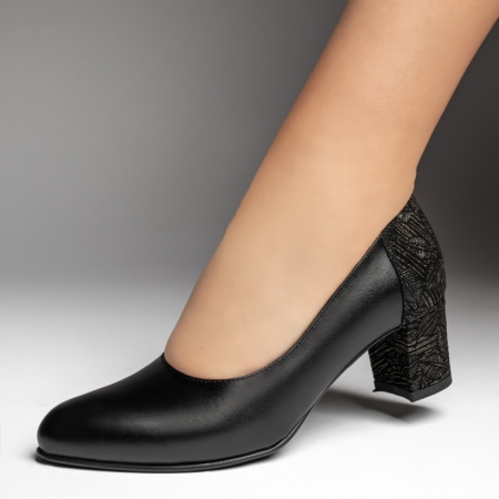 Pantofi cu toc gros dama si imprimeu negri din Piele naturala ZEF13474