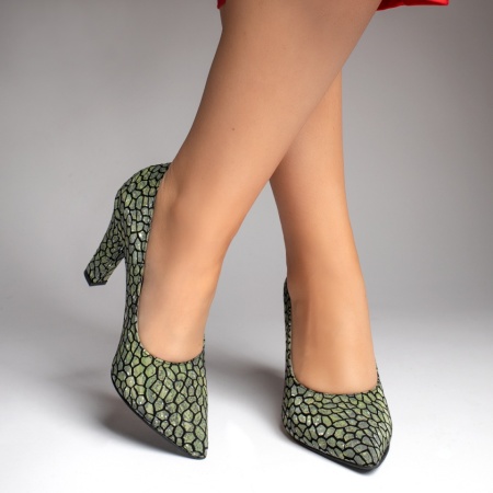 Pantofi cu toc gros dama si imprimeu verde din Piele naturala MOD12739, 2, modlet.ro