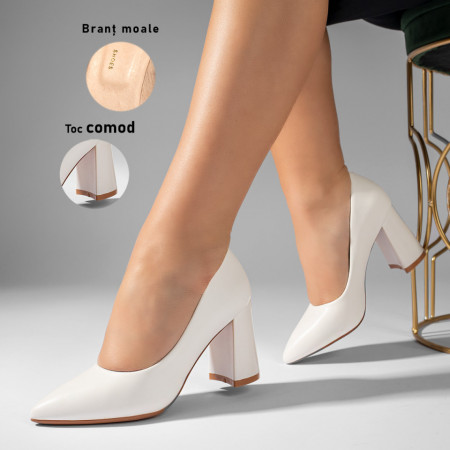 Pantofi dama, Pantofi cu toc gros si varf ascutit albi dama MOD10962, modlet.ro