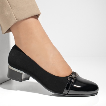 Pantofi cu toc gros si varf lucios negru suede MOD08348, 4, modlet.ro