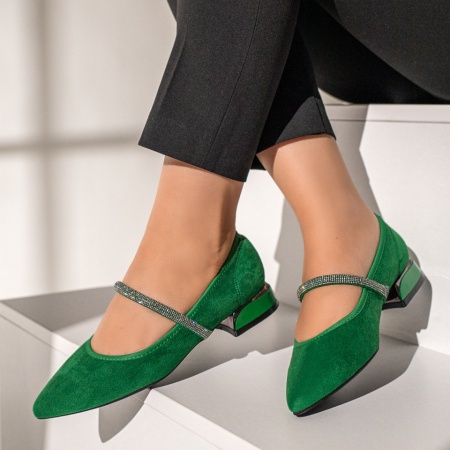 Pantofi cu toc mic si strasuri verde suede ZEF12118, 2, zeforia.ro