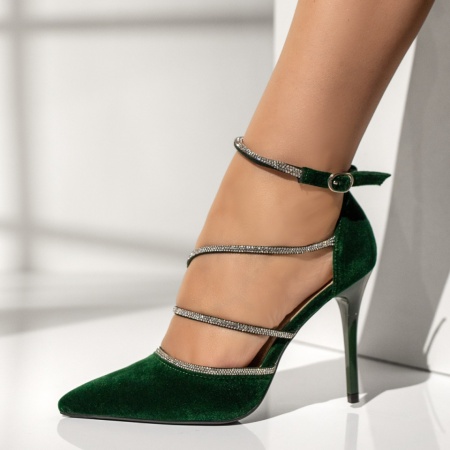 Pantofi cu toc subtire dama si bareta verde inchis suede MOD13912, 2, modlet.ro