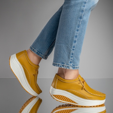 Pantofi dama casual cu platforma din Piele naturala galbeni MOD03865, 3, modlet.ro