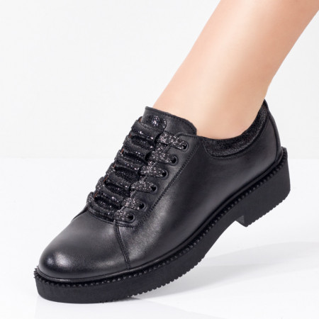 Pantofi casual dama, Pantofi dama casual din Piele naturala negri cu siret ZEF03552 - zeforia.ro