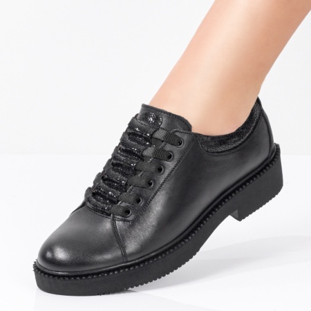 Pantofi dama casual din Piele naturala negri cu siret ZEF03552