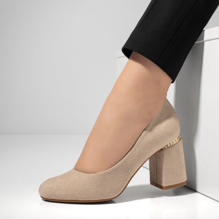 REDUCERI INCALTAMINTE, Pantofi dama cu toc bej suede MOD02837, modlet.ro