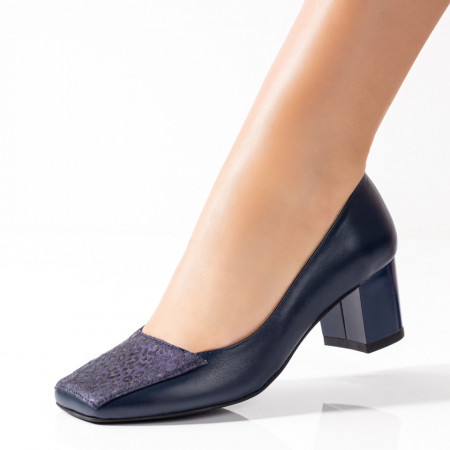 Pantofi cu toc, Pantofi dama cu toc gros albastri din Piele naturala ZEF09543 - zeforia.ro