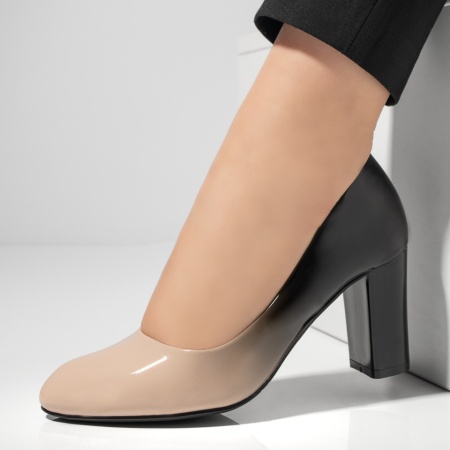 Pantofi dama, Pantofi dama cu toc gros bej cu negru luciosi MOD01371, modlet.ro