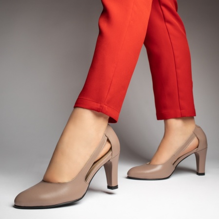Pantofi dama cu toc gros bej inchis din Piele naturala MOD13129, 4, modlet.ro