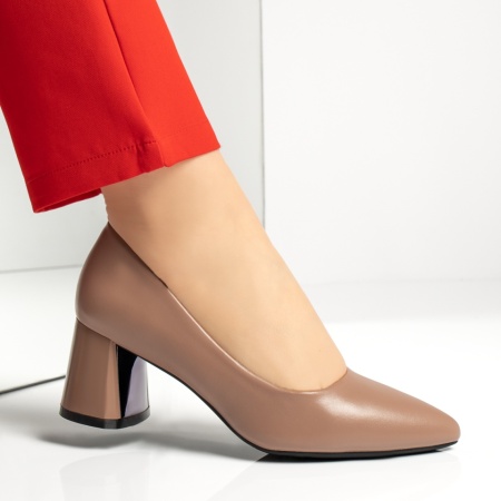 Pantofi dama cu toc gros bej inchis IRIS42, 3, modlet.ro