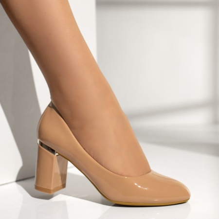 Pantofi dama cu toc gros bej luciosi MOD09698, 4, modlet.ro