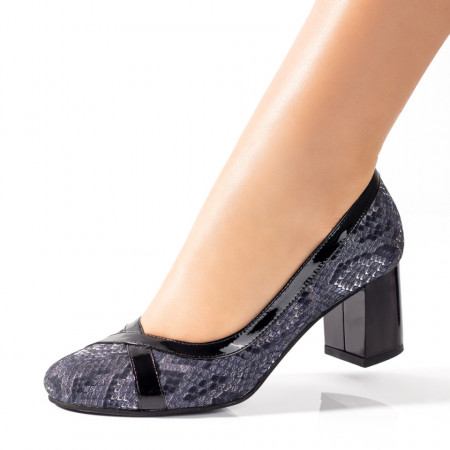 Pantofi cu toc, Pantofi dama cu toc gros negri cu print din Piele naturala ZEF09537 - zeforia.ro