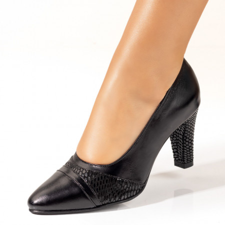 Pantofi cu toc gros dama, Pantofi dama cu toc gros negri din Piele naturala MOD10226, modlet.ro