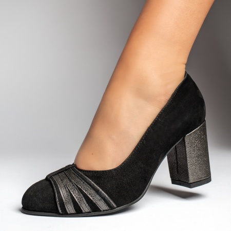 Pantofi dama cu toc gros negru suede din Piele naturala MOD12938, 3, modlet.ro